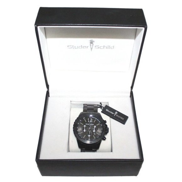 NEW w/Box Studer Schild‎ Dunlop Black Steel Chronograph Mens Watch NEW Battery - Picture 3 of 13